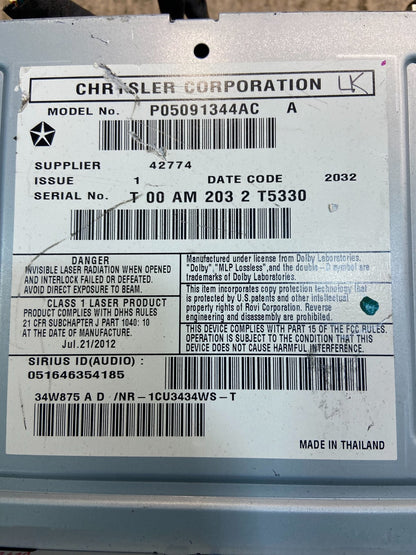 2007 2014 Jeep Dodge Chrysler Screen Display CD Player Satellite Radio z0782 DG7