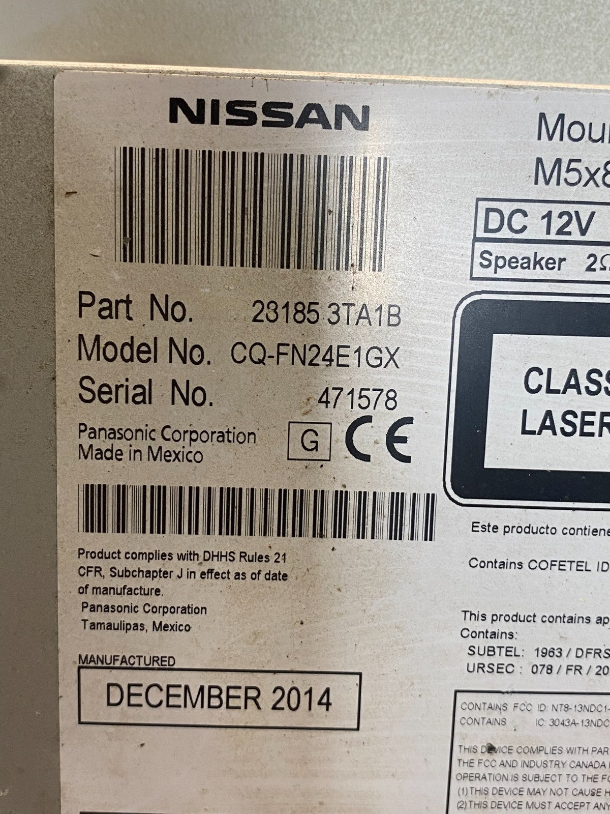 2013 to 2015 Nissan Altima Radio Screen Receiver AM-FM CD Player AE7713 DW6