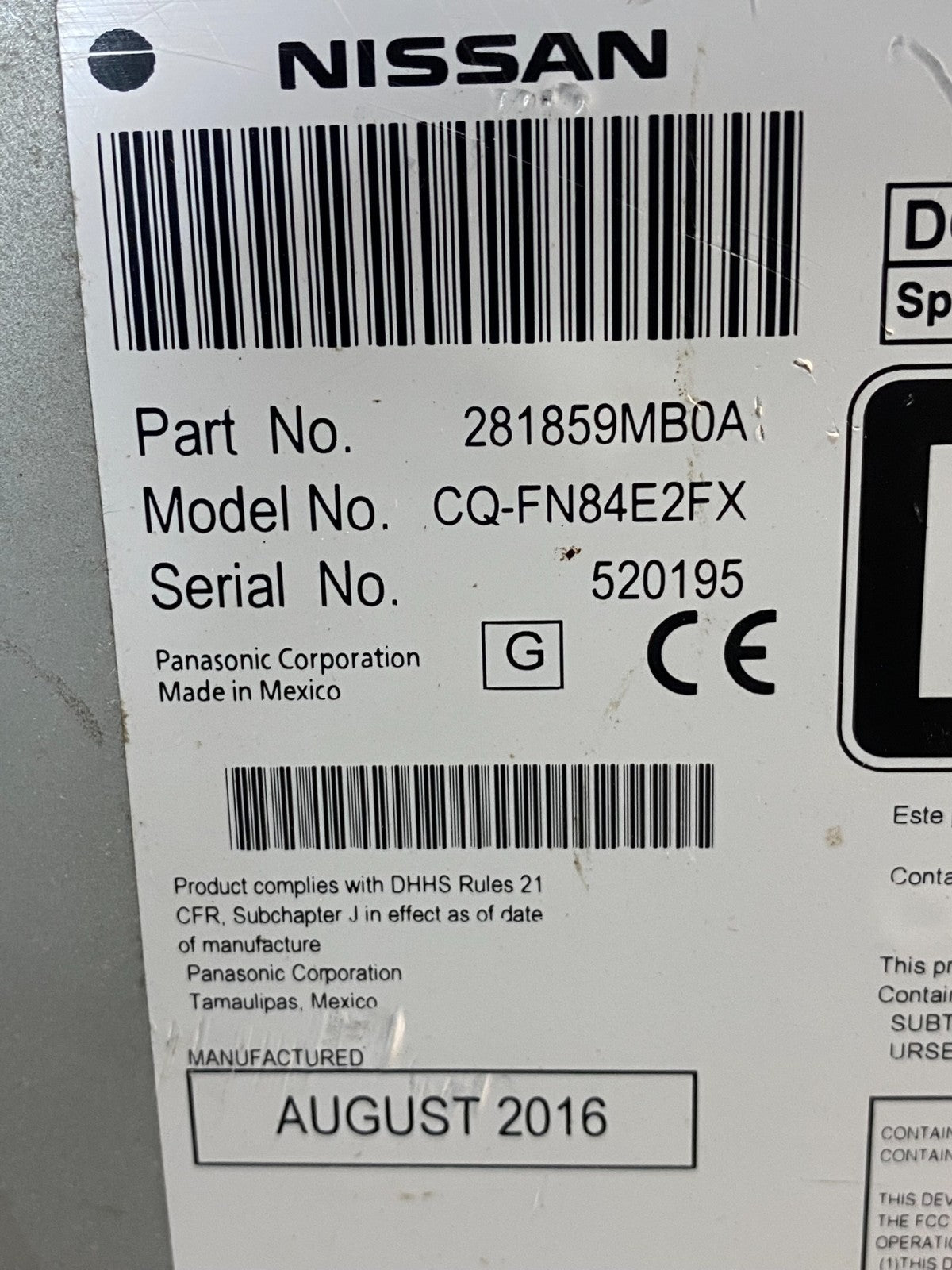 2015 to 2016 Nissan Sentra Versa Radio CD Player AM/FM 281859MB0A AE7400 DW6