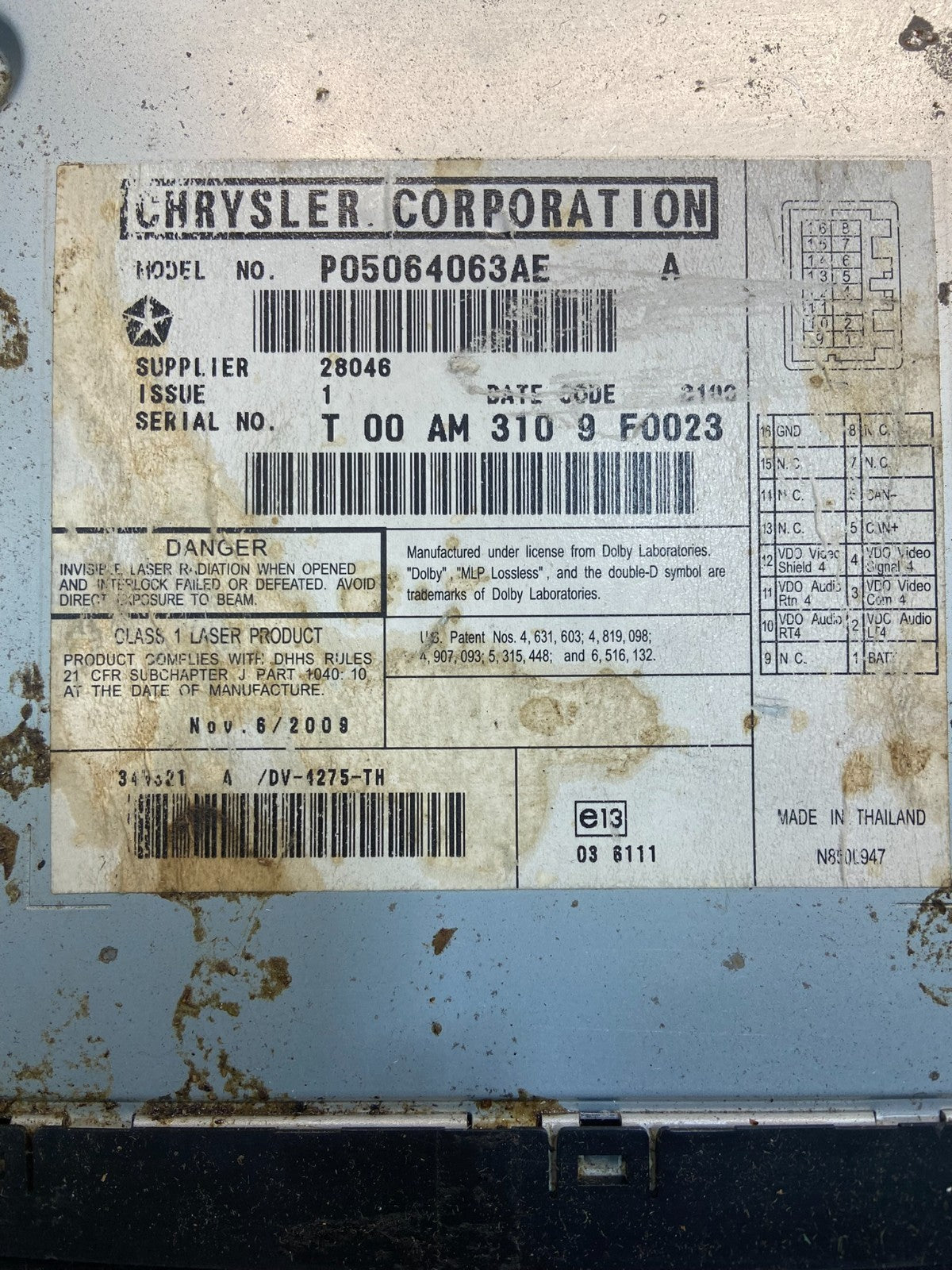 2008 to 2012 Chrysler Town Country DVD Player Receiver OEM Y7314 DG6