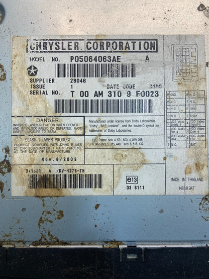 2008 to 2012 Chrysler Town Country DVD Player Receiver OEM Y7314 DG6