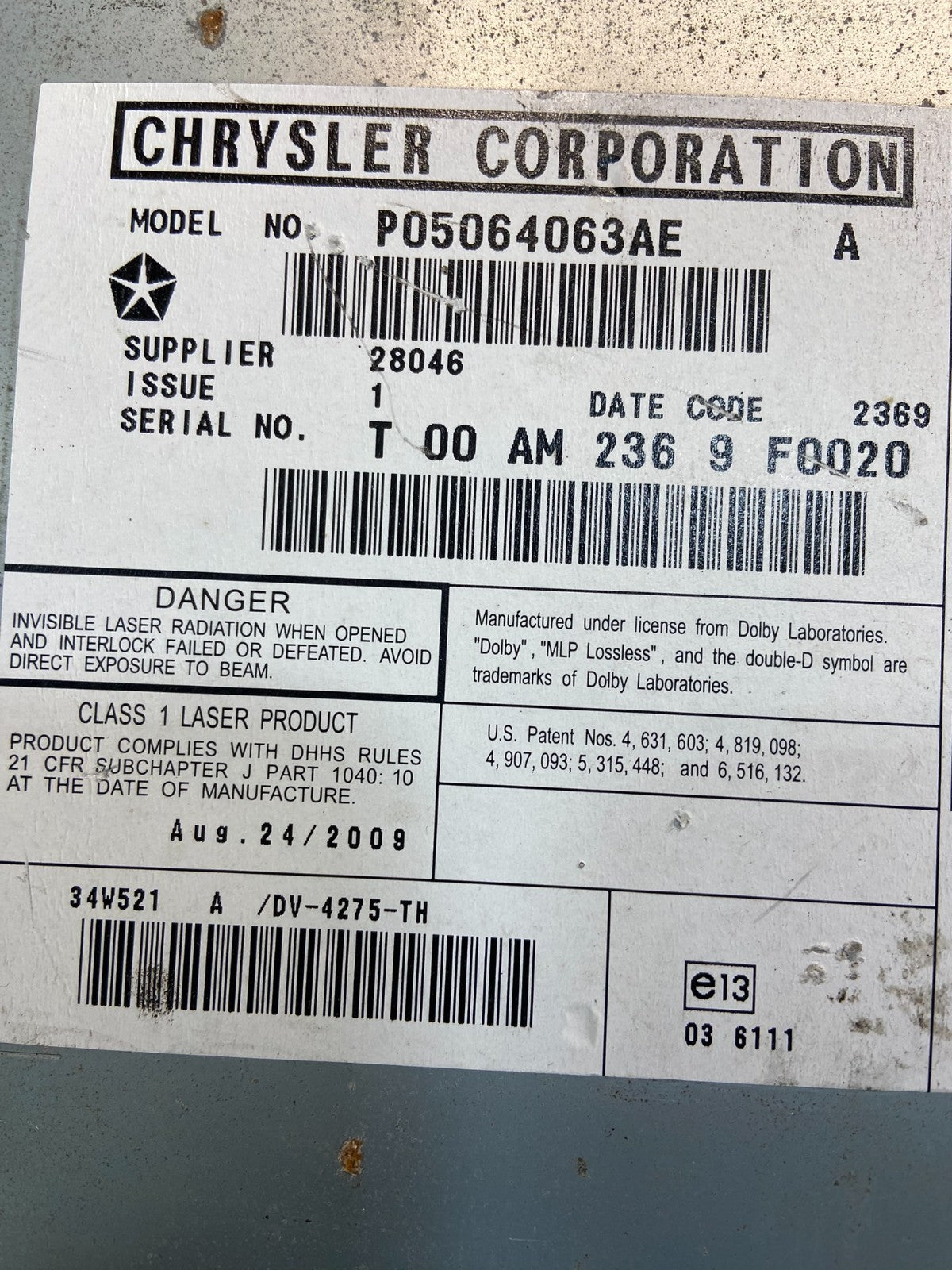 2008 to 2012 Chrysler Town Country DVD Player Receiver OEM Z0544 DG6