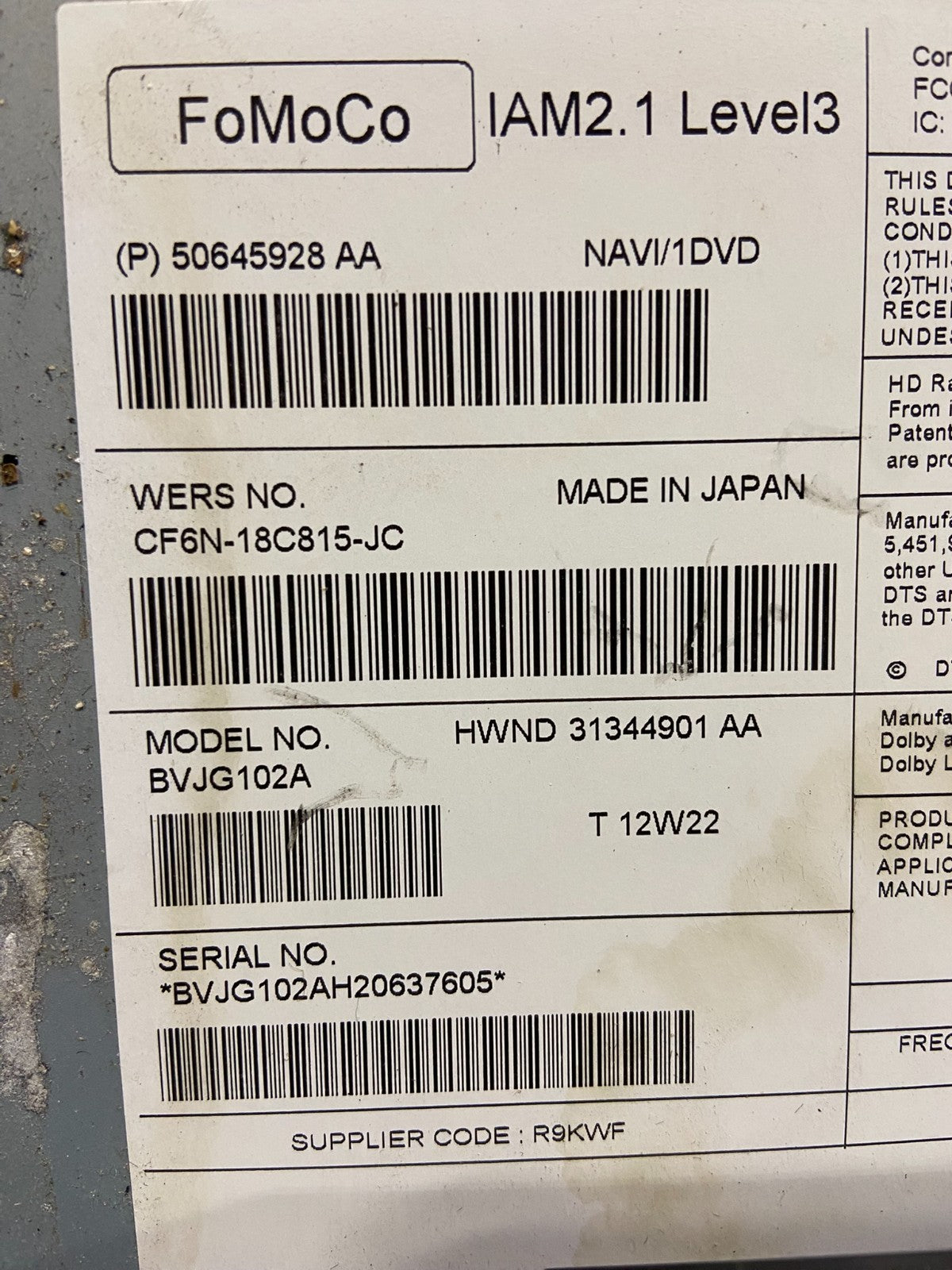2013-2014 Land Rover Range Rover LR2 LR4 Evoque Radio Gps Cd Mechanism y7242 DG6