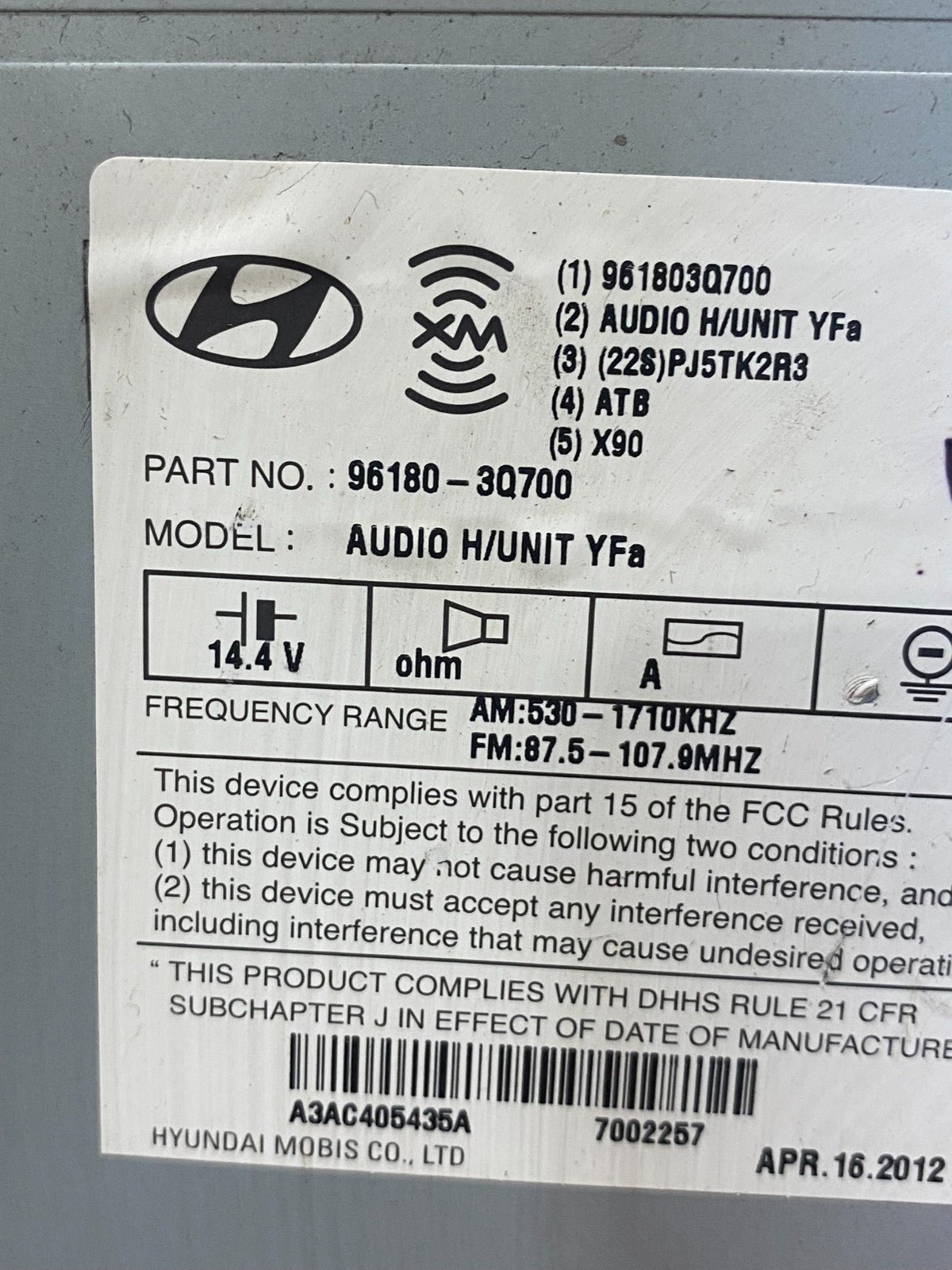2011 to 2012 Hyundai Sonata Am Fm Cd Player Radio Receiver ad4976 DG6