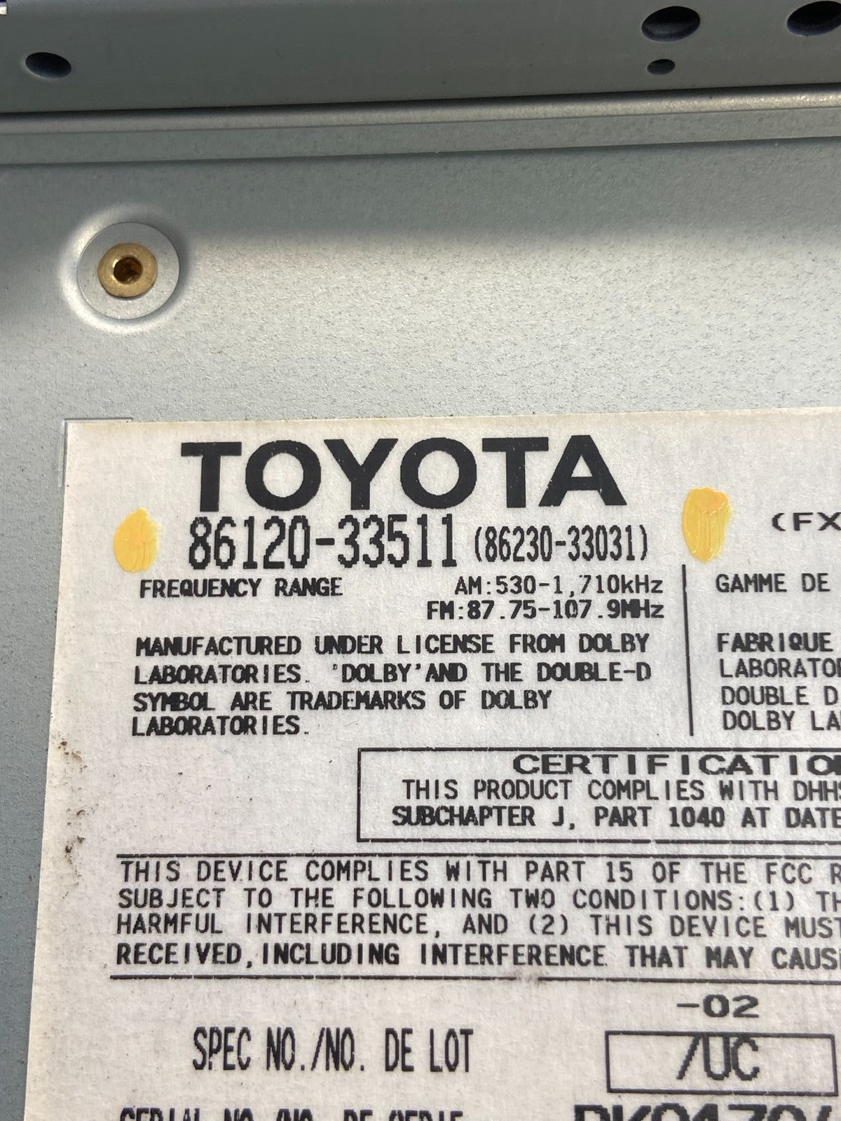 2004 to 2006 Lexus ES330 Es300 Radio Receiver Tape CD Air Vent AH3689 DG5