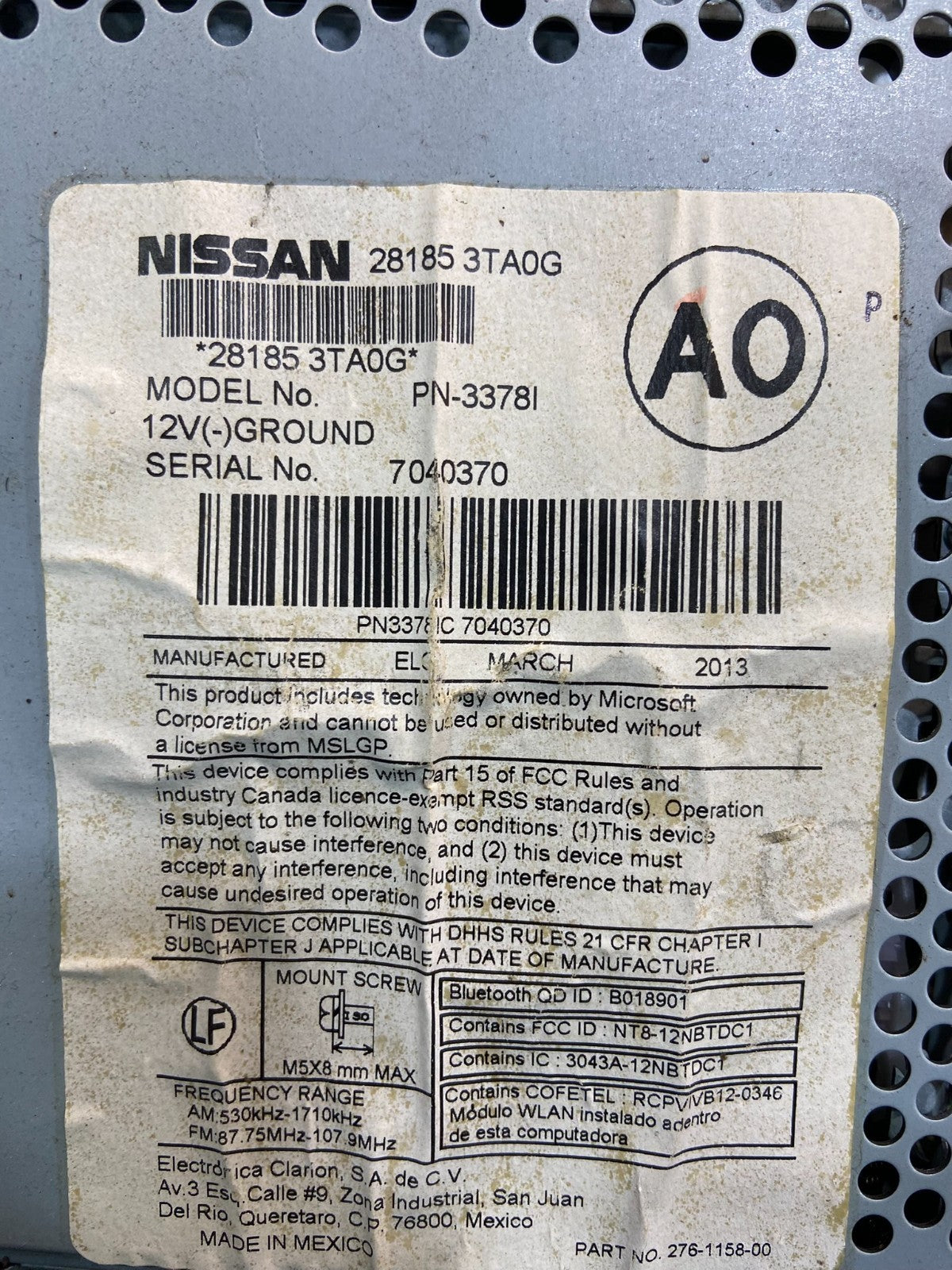 2013 to 2015 Nissan Altima Radio Cd Mp3 Player AUX Port 281853ta0g Y7507 DG6