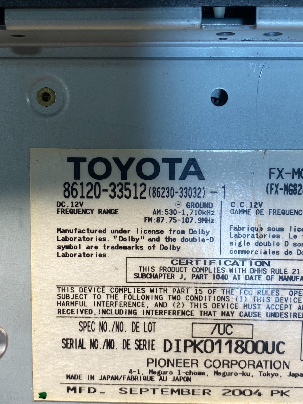 2002-2006 Lexus ES330 Es300 Radio Receiver Tape CD Air Vent Bezel AG1900 DG6