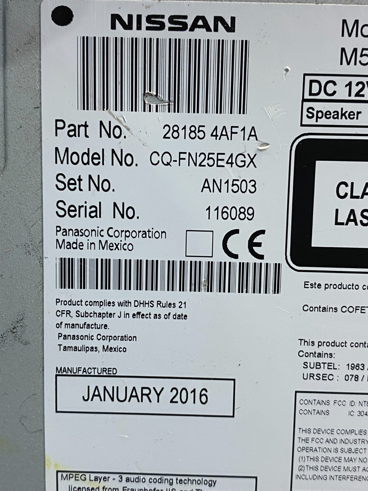2015 to 2016 Nissan Sentra Versa Radio CD Player AM/FM 259159JE0A AI7234 DG6