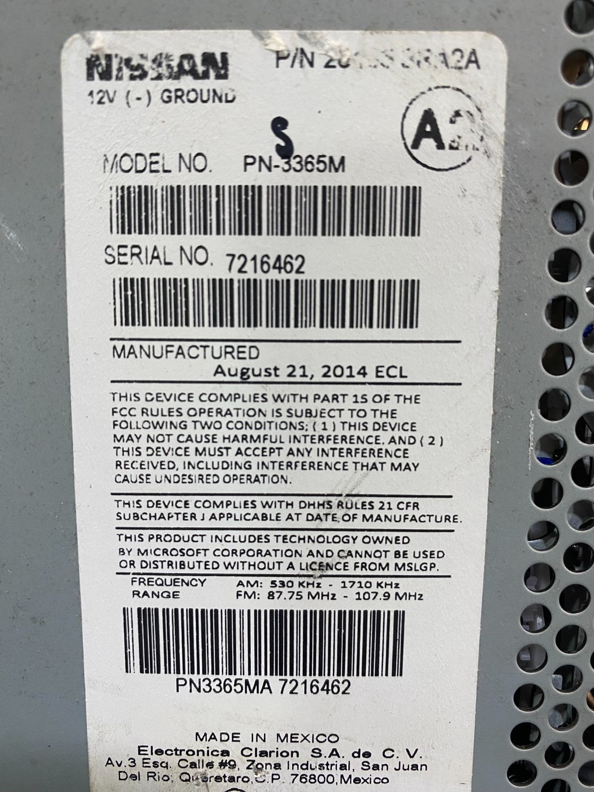 2013 to 2014 Nissan Sentra Radio Receiver Unit PN3365MA AC69306