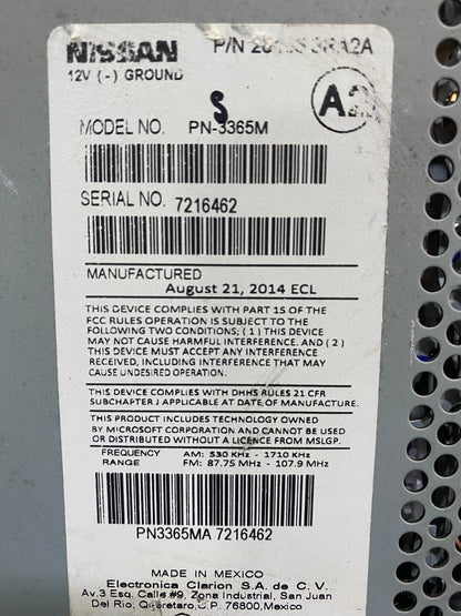 2013 to 2014 Nissan Sentra Radio Receiver Unit PN3365MA AC69306