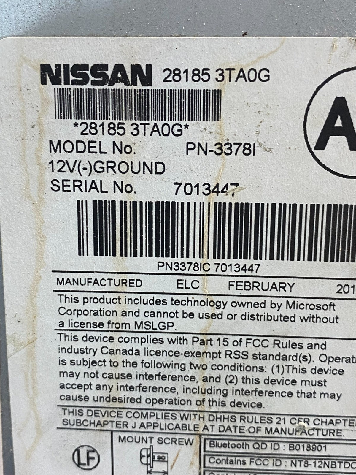 2013 to 2015 Nissan Altima Radio Cd Mp3 Player AUX Port 281853ta0g AE6388 DW6
