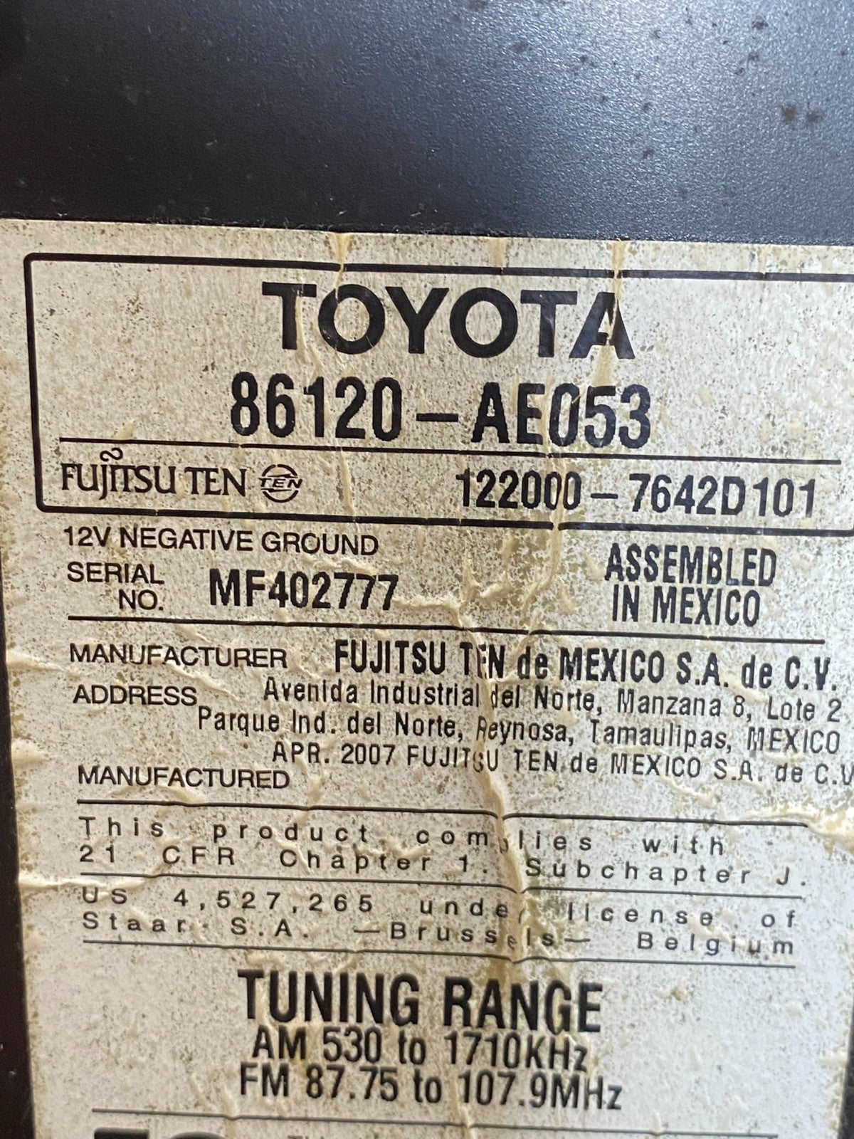 2004 to 2010 Toyota Sienna AM FM CD WMA Mp3 Radio Receiver AE7849 DW6
