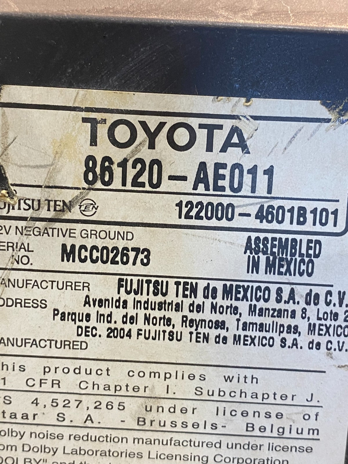 2004 to 2010 Toyota Sienna AM FM CD WMA Mp3 Radio Receiver AF3969 DW6