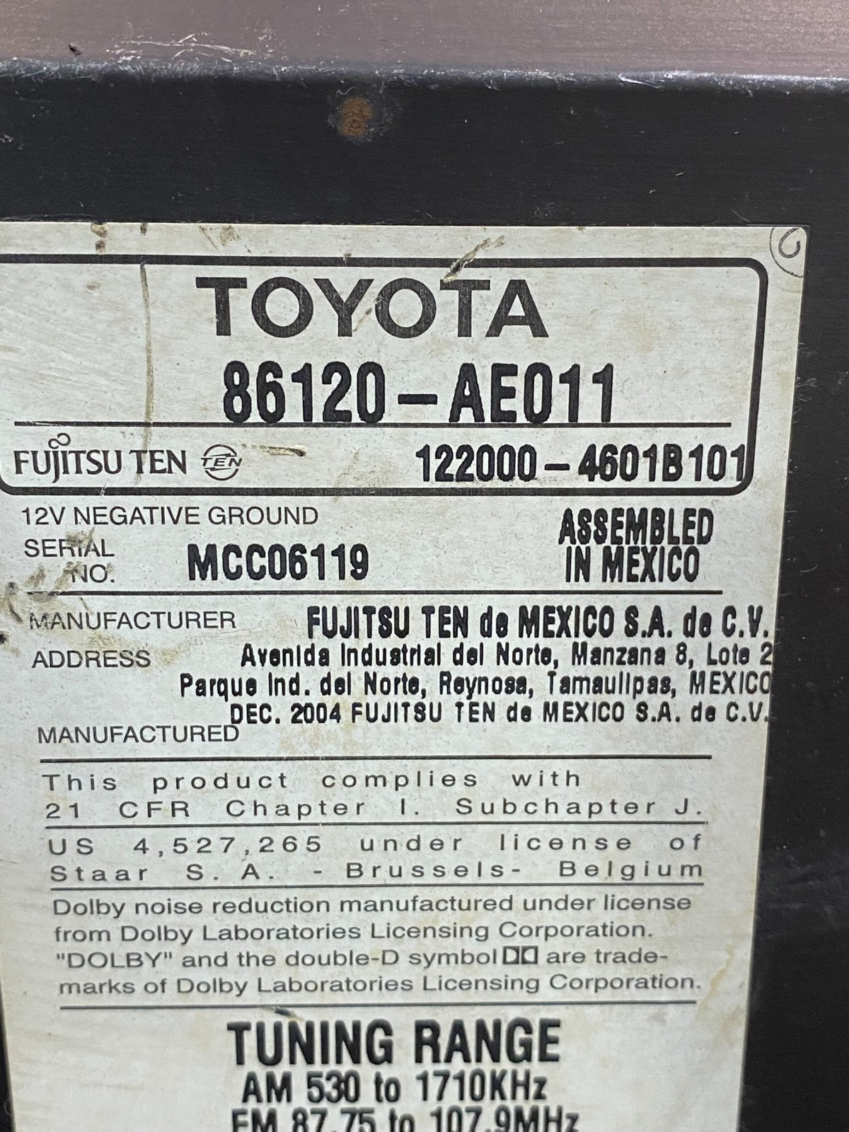 2004 to 2010 Toyota Sienna AM FM CD WMA Mp3 Radio Receiver AI7659 DG6