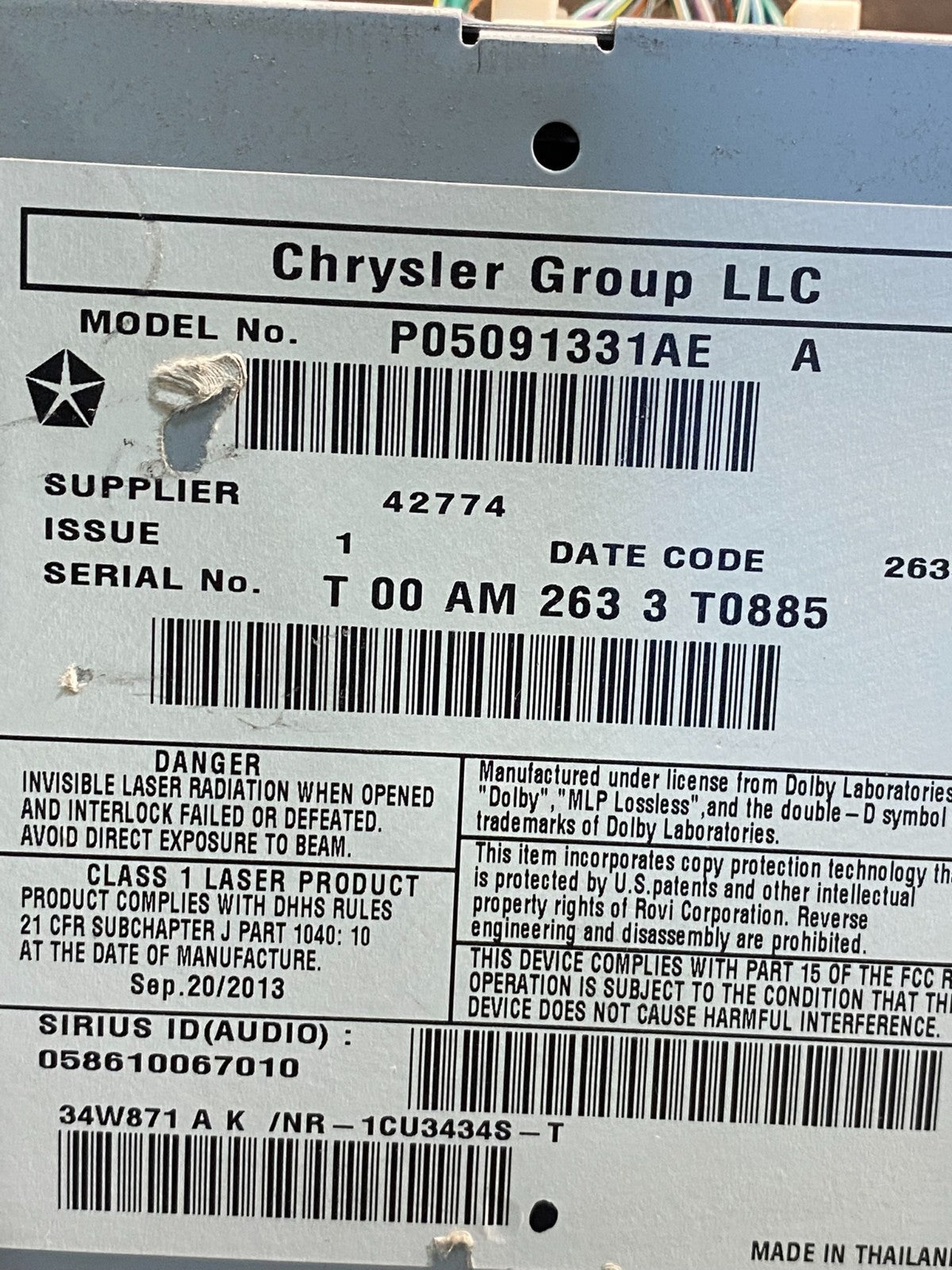 2011 2018 Jeep Dodge Chrysler Screen Display CD Player Satellite Radio AI0210 DG6