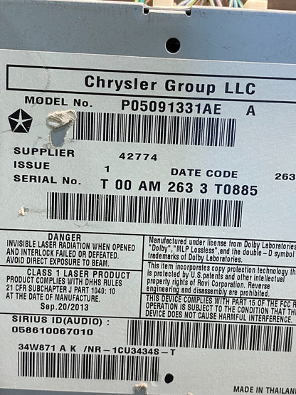 2011 2018 Jeep Dodge Chrysler Screen Display CD Player Satellite Radio AI0210 DG6