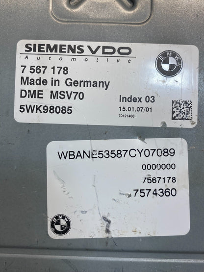 2006-2007 BMW E60 E61 525i 530i ECU ECM Engine Control Module 7567178 AD9989 DW2