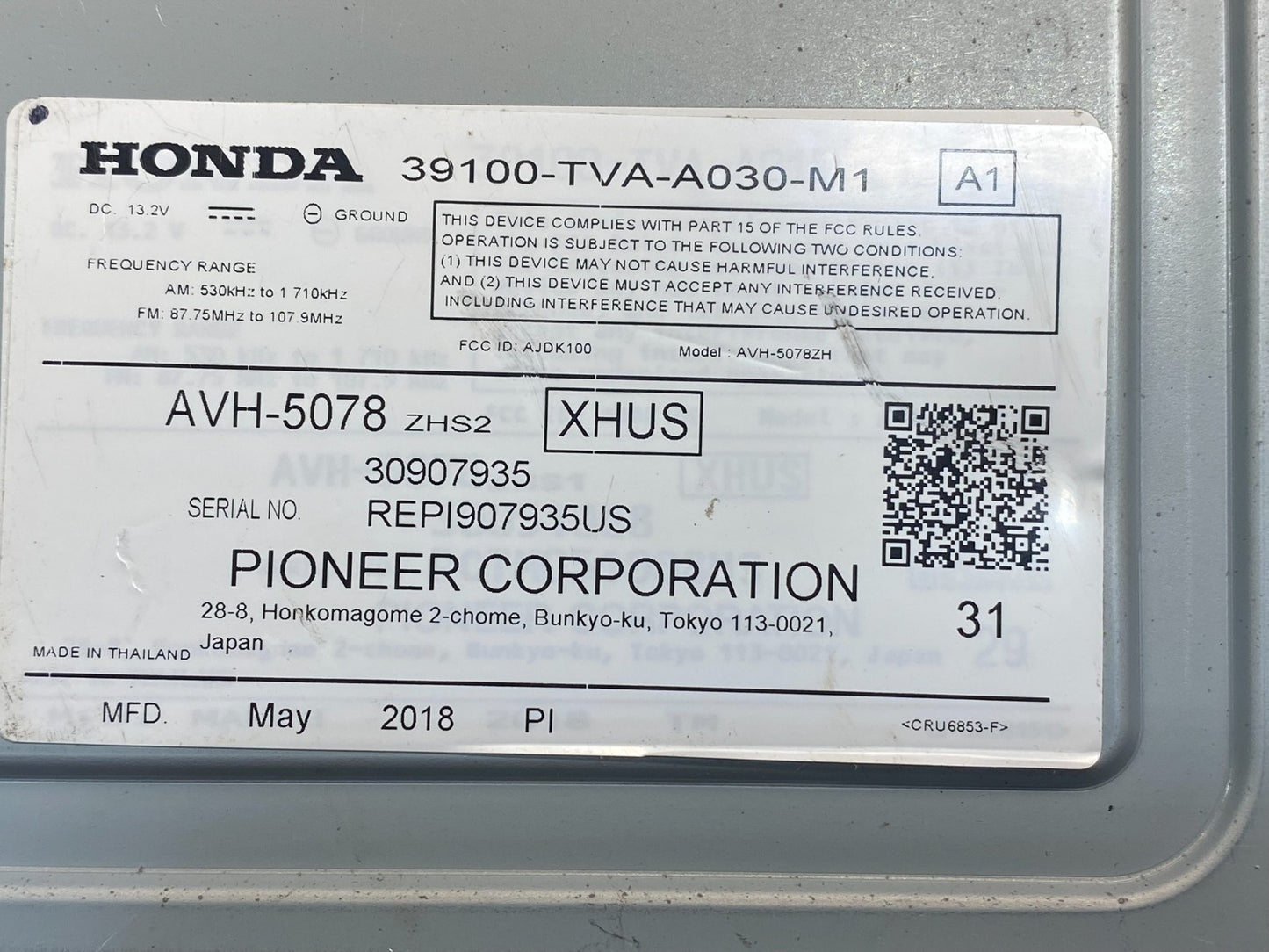 2018 2019 2020 Honda Accord Am Fm Cd Player Radio Receiver AF3982 DG6