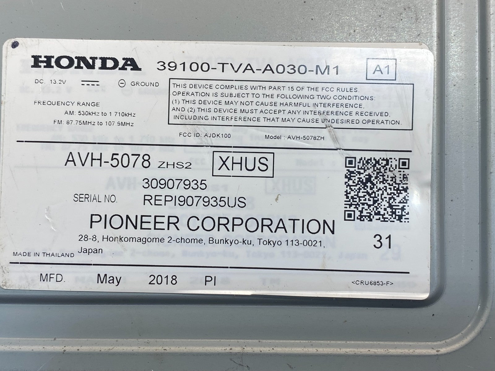 2018 2019 2020 Honda Accord Am Fm Cd Player Radio Receiver AF3982 DG6