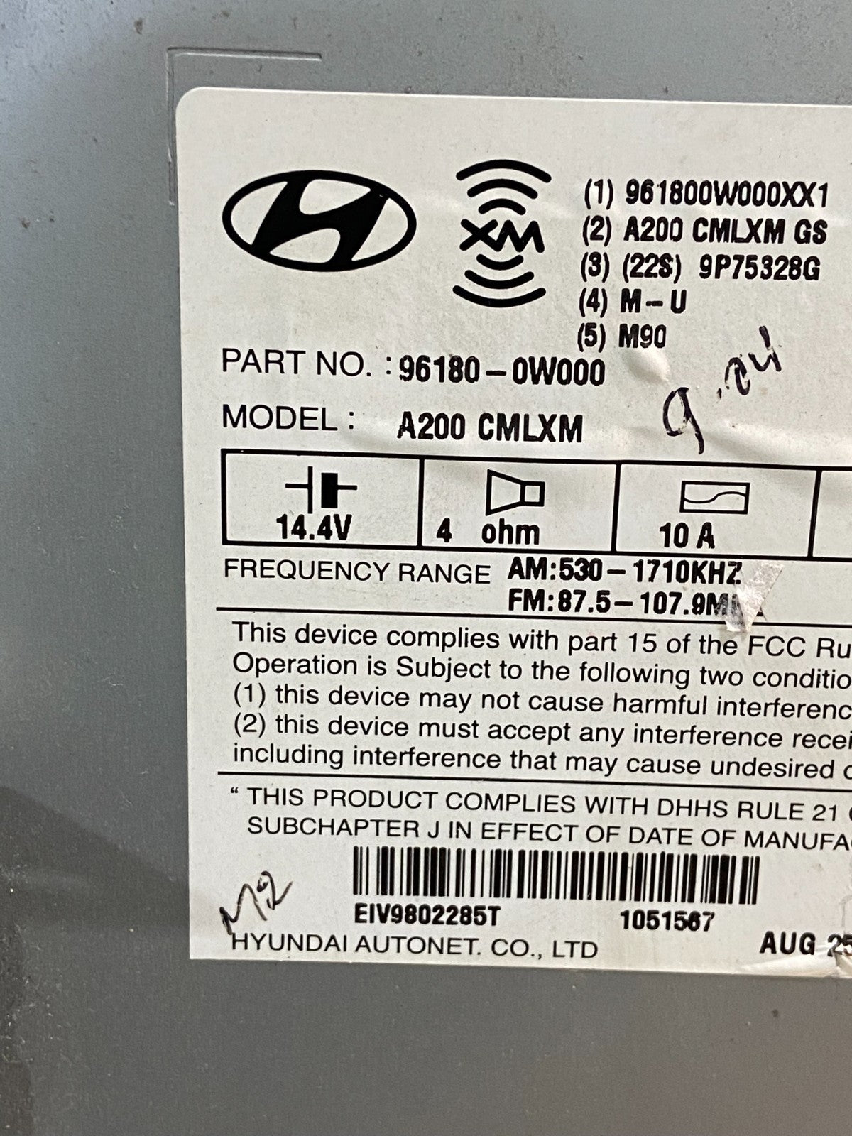 2007 to 2009 Hyundai Santa Fe AM/FM Radio CD Player AE4568 DG6