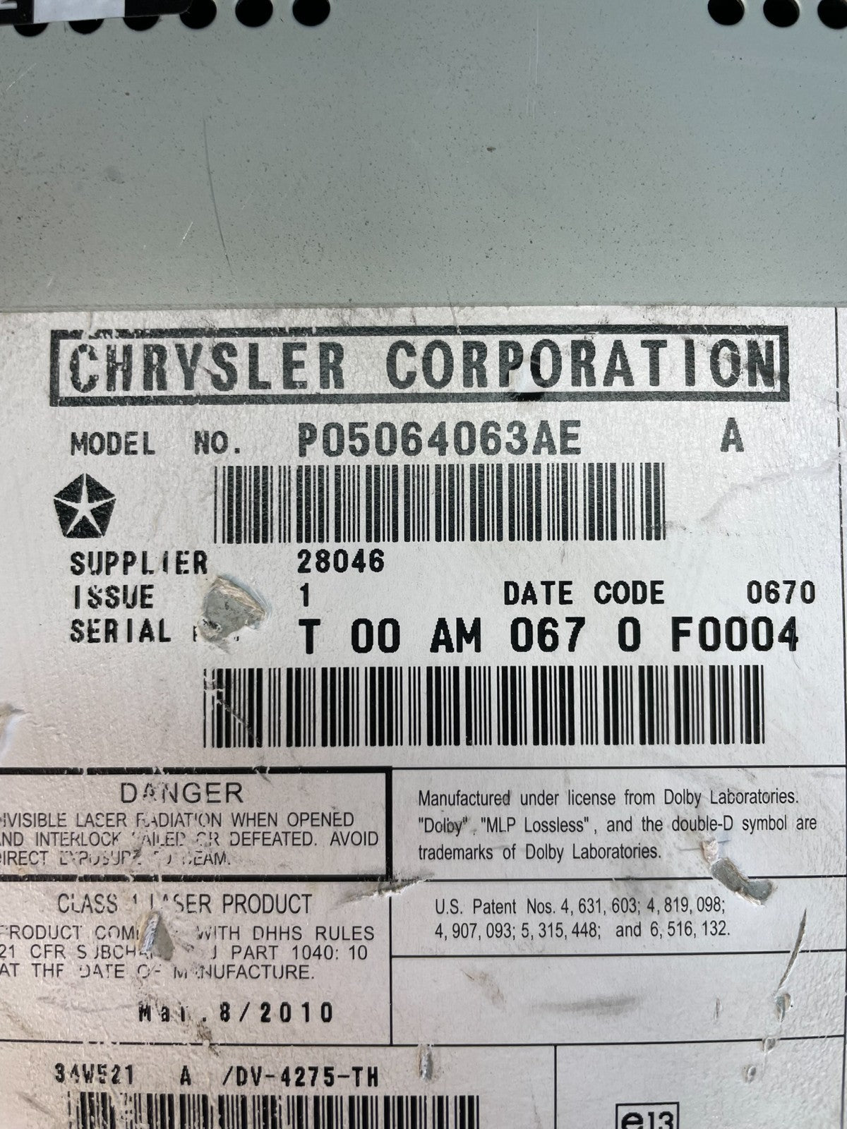 2008 to 2012 Chrysler Town Country DVD Player Receiver ad5942 DG8