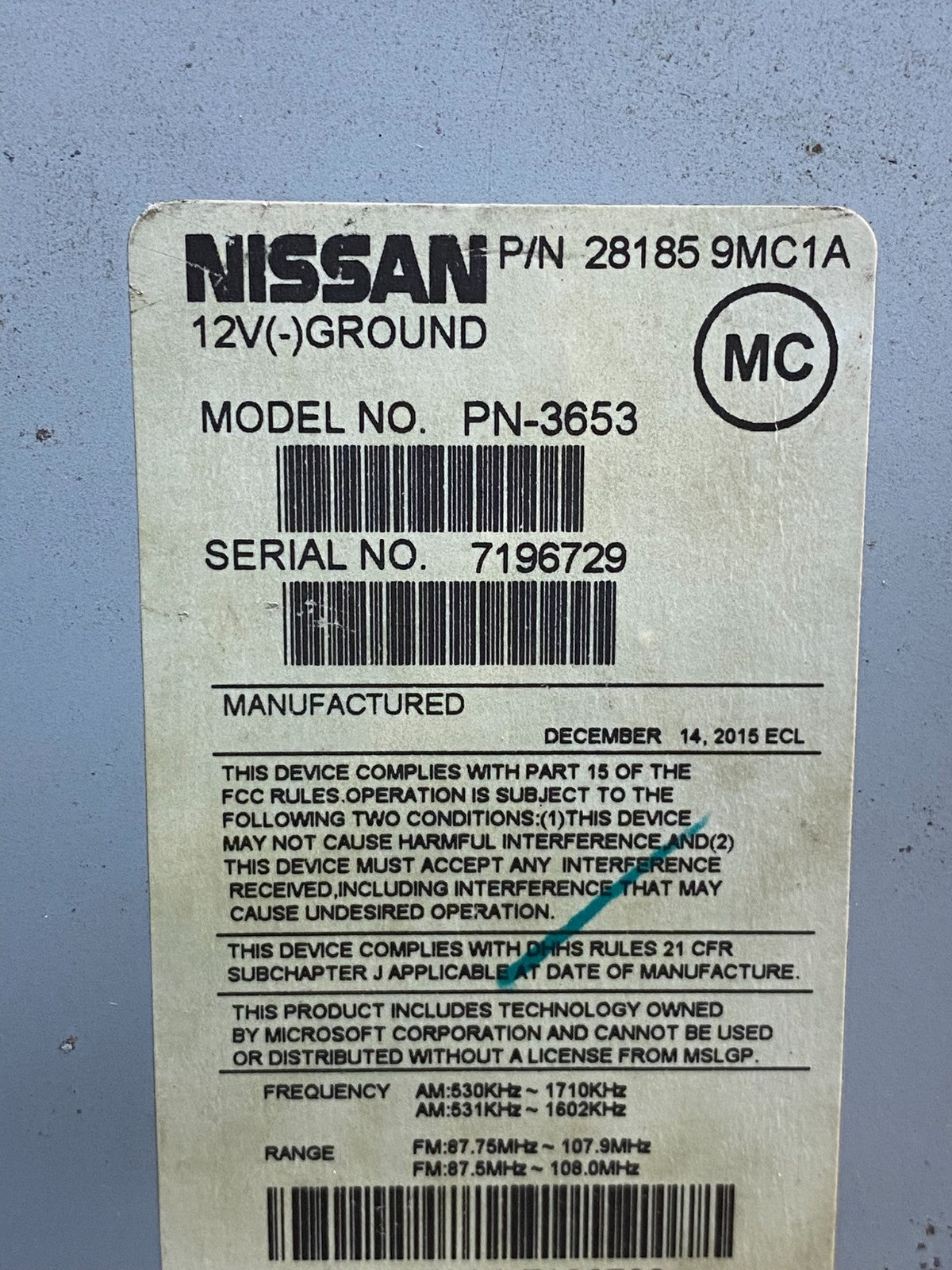 2014 to 2018 Nissan Sentra Versa Radio CD Player AM/FM 28185 9mc1a AI9943 DG6