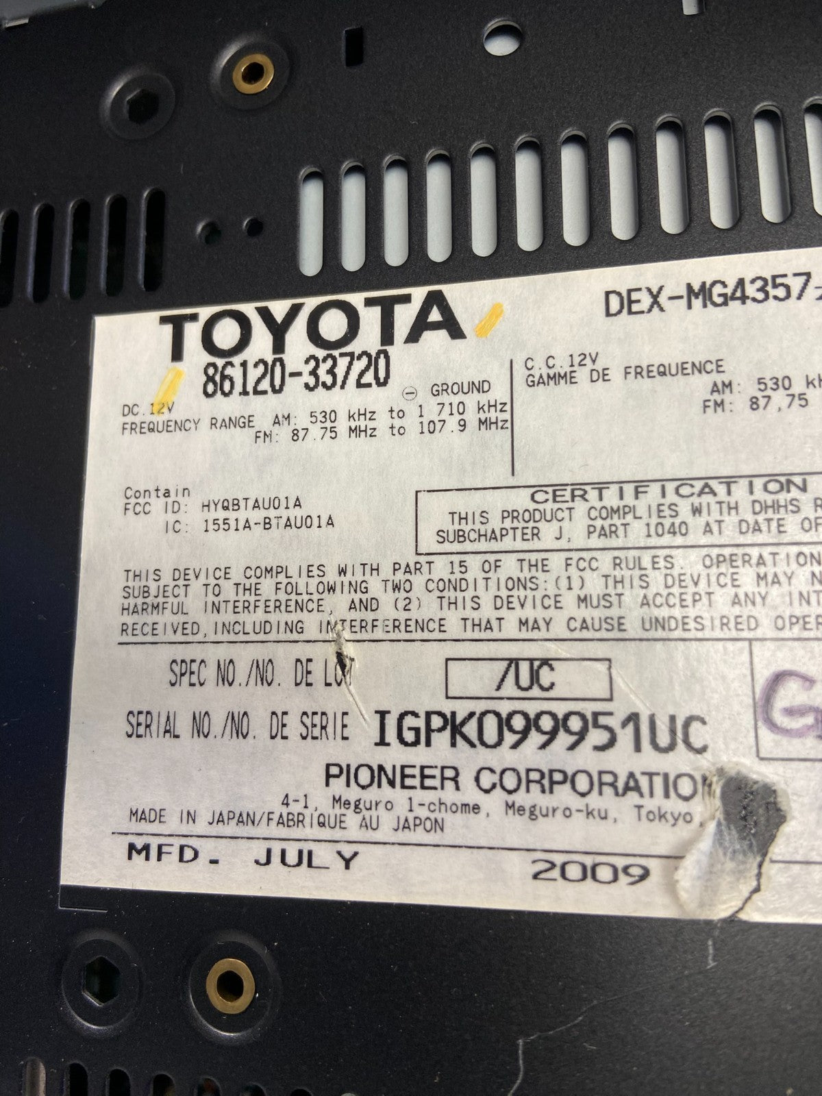 2007 2008 2009 Lexus ES350 Radio AM-FM CD Tuner Head Unit AI2733 DG6