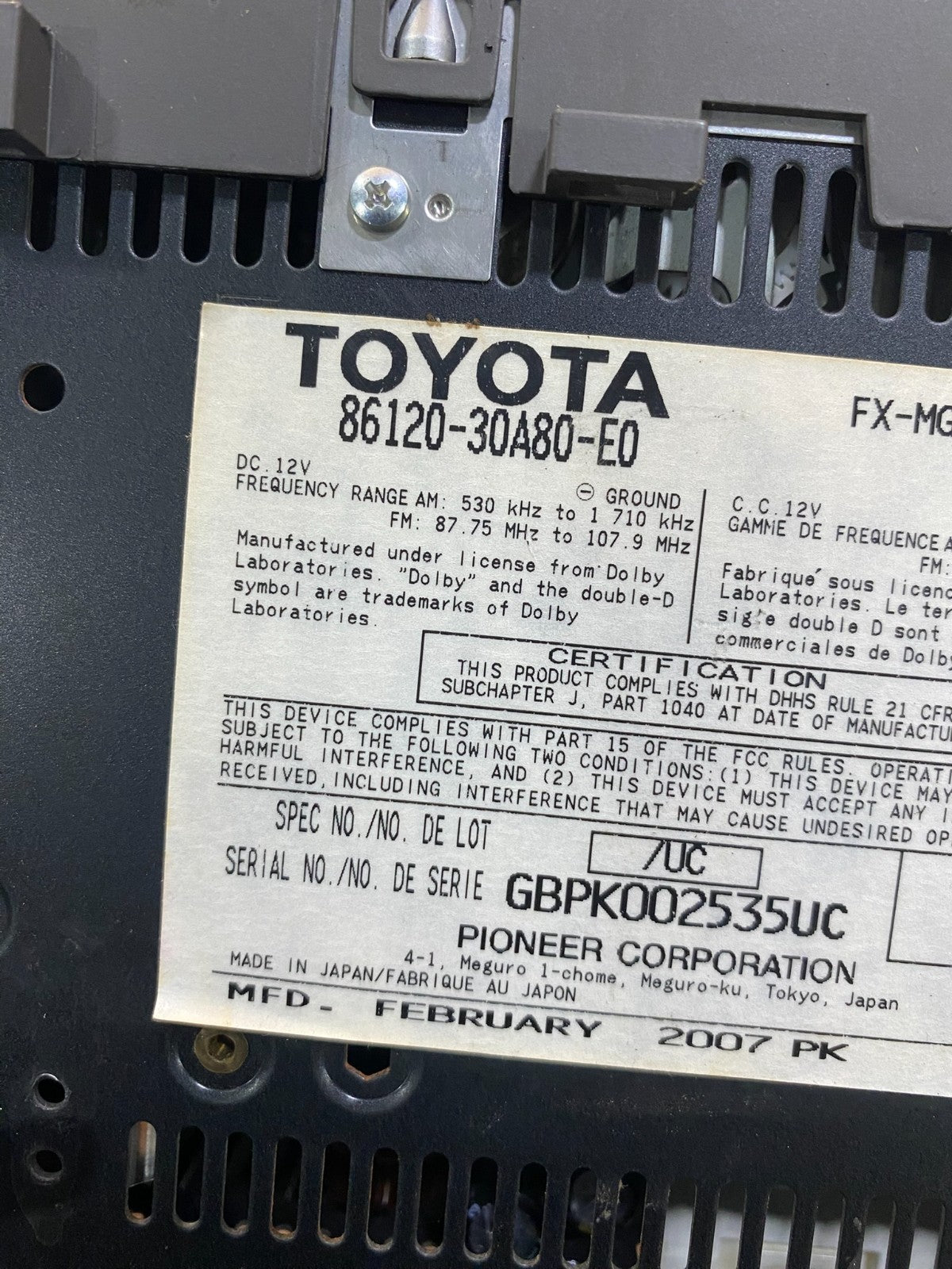 2007 2008 Lexus GS300 GS350 GS430 CD Player Screen Radio AM/FM AG1816 DG6