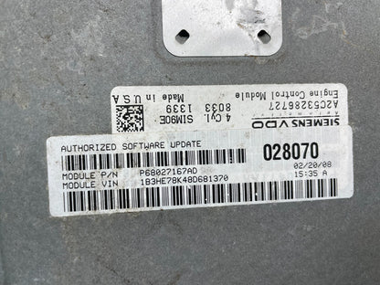 2007 to 2010 Dodge Caliber ECM Engine Computer Module ECU P68027167AD t7468 DG4
