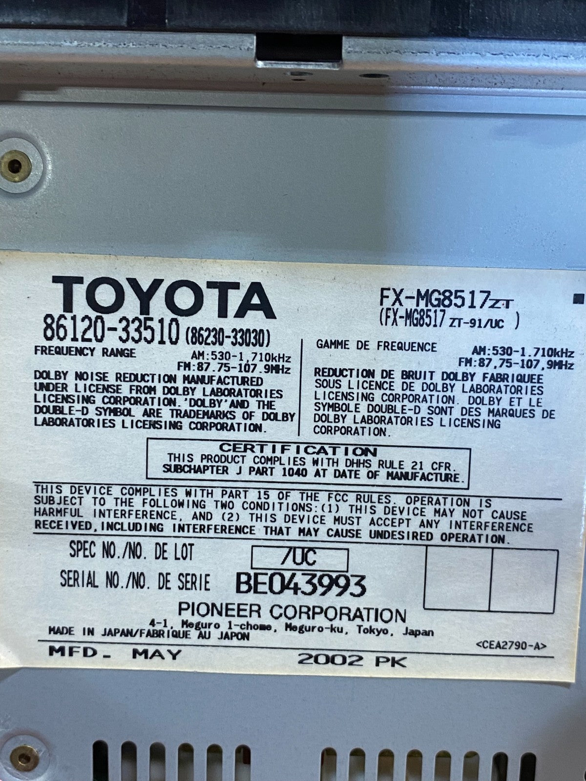 2004 to 2006 Lexus ES330 Es300 Radio Receiver Tape CD Air Vent AH5039 DG6
