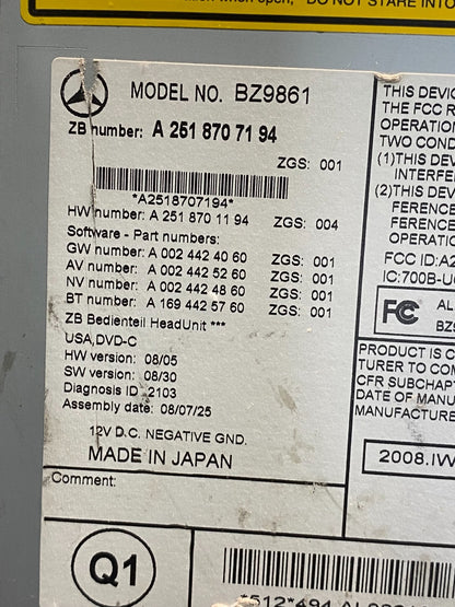 2006-2009 Mercedes W251 R350 Head Command Navigation Radio Player AG9500 DG6