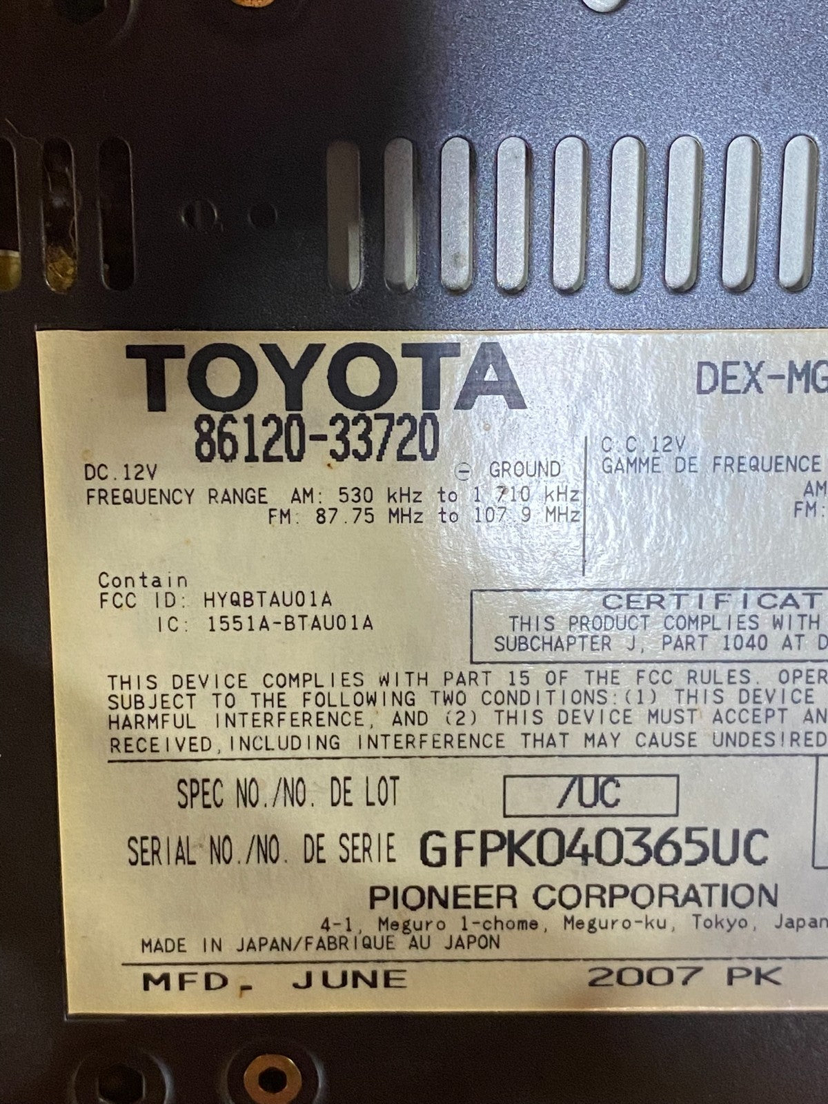 2007 2008 2009 Lexus ES350 Radio AM-FM CD Tuner Head Unit AG3960 DW6