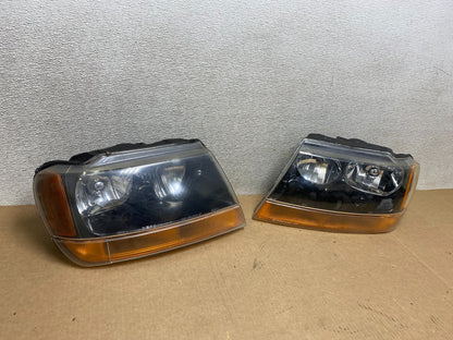 1999 - 2004 Jeep Grand Cherokee Left+Right Set Black Halogen Headlights W8407 DW2
