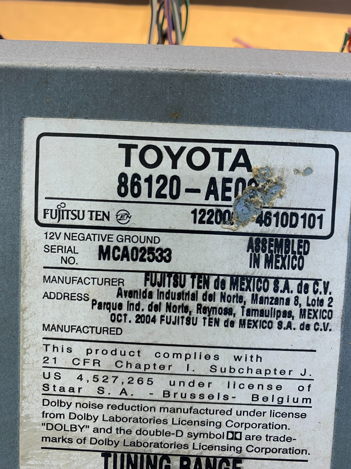 2004 to 2010 Toyota Sienna AM FM CD WMA Mp3 Radio Receiver AD3603 DG6