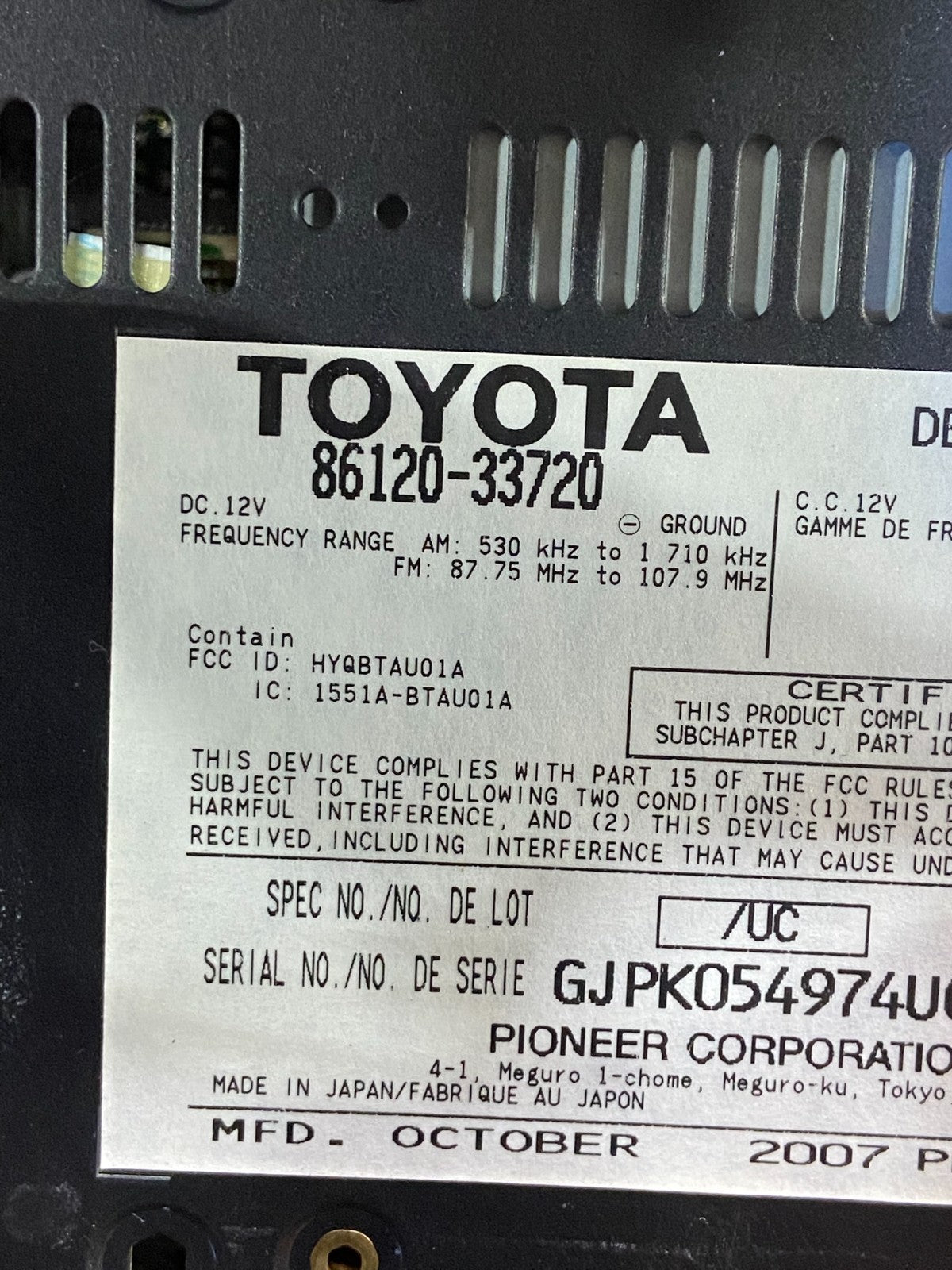 2007 2008 2009 Lexus ES350 Radio AM-FM CD Tuner Head Unit AF9022 DG6